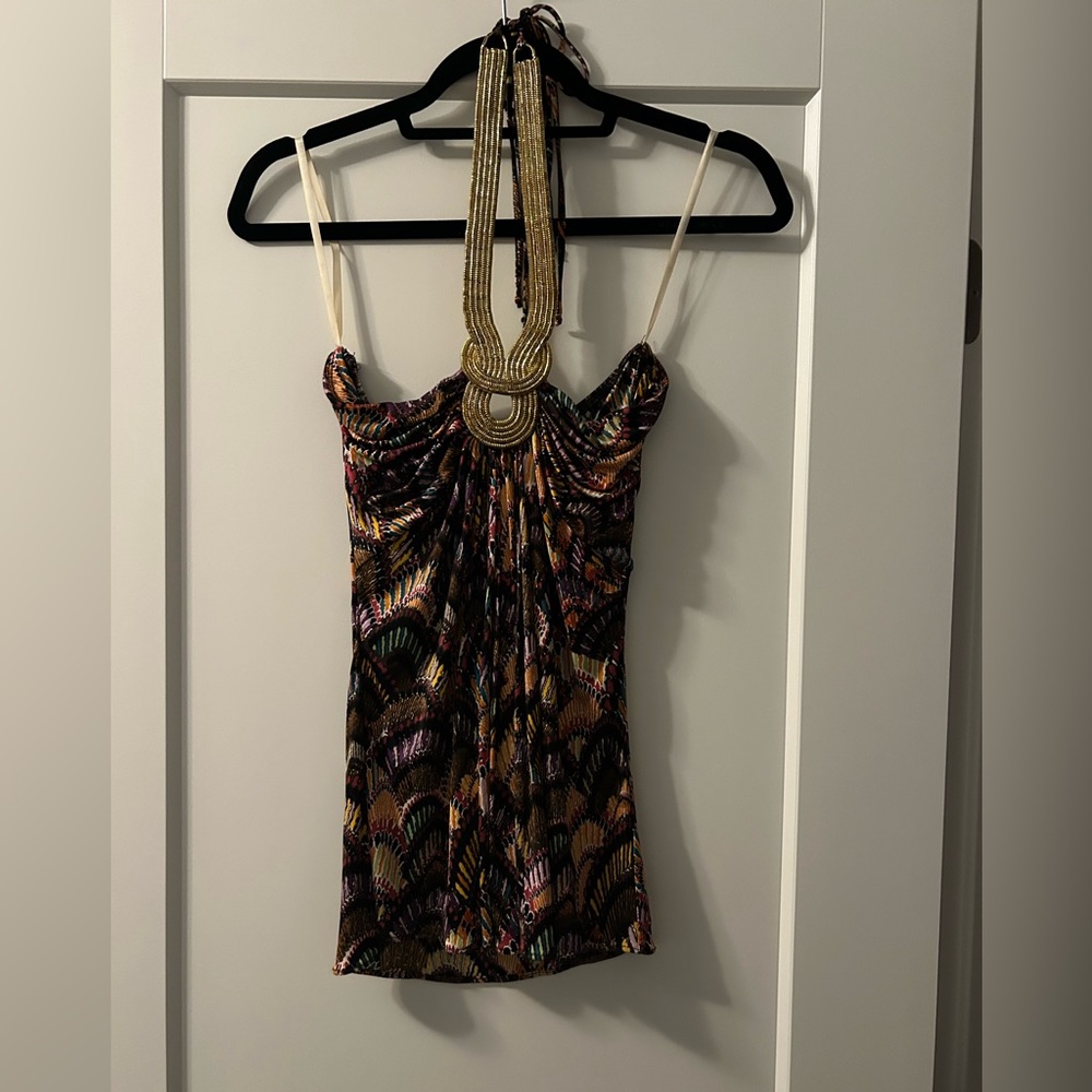 Sky multicoloured gold neck detail halter top